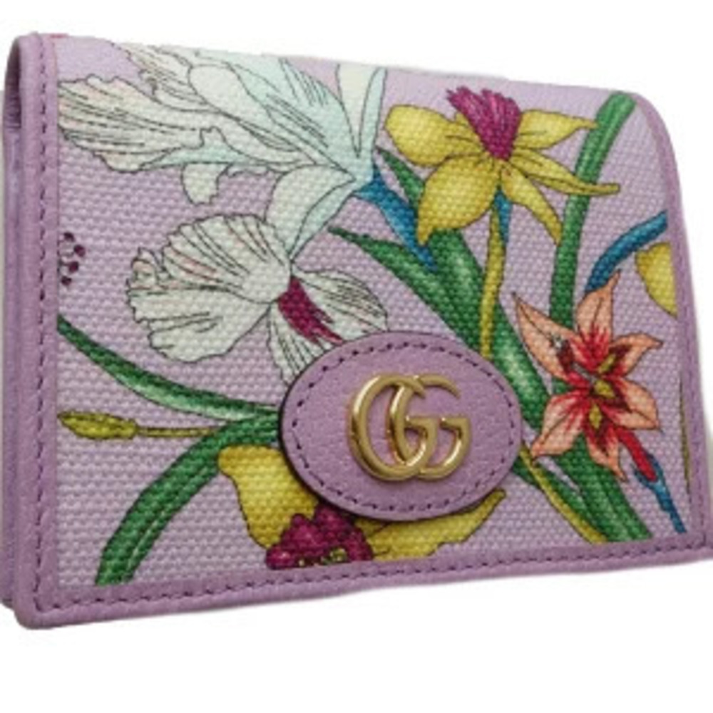 Gucci Compact Wallet GG Marmont Flora Flower Canvas Leather Pink - Picture 2 of 8